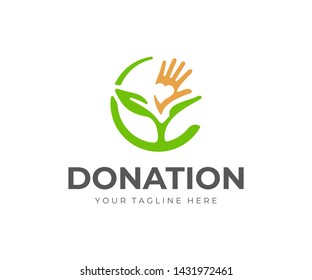 Fundraising Logo Design. Charity And Donation Vector Design. Sprout With Hand And Heart Logotype