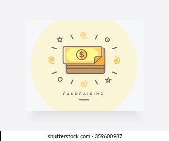 Fundraising money concept vector illustration for website user interface. Paper money outline icon in golden color surrounded with sparkles. Raising funds concept graphics.