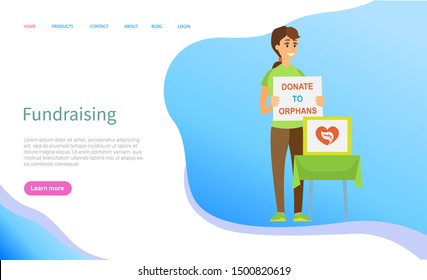 Fundraising online, volunteer character standing with poster donate to orphans, charity box on table, supporter assistance, social help vector. Website or slider app, landing page flat style