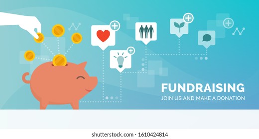 Fundraising promotional advertisement with hand putting a coin in a piggy bank, supporting cause and charity concept