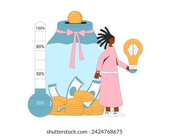 Fundraising. Startup idea. Young female entrepreneur standing with idea, thermometer and moneybox. Donation event. Venture capital investments round. Vector flat illustration.