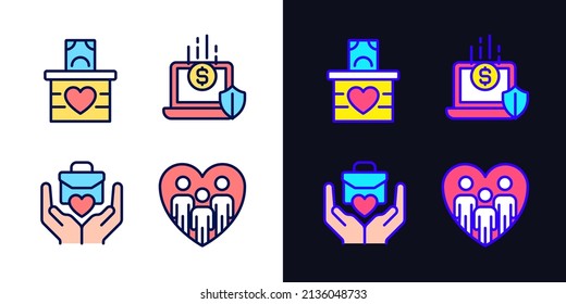 Fundraising strategy pixel perfect light and dark theme color icons set. Money donation. Social responsibility. Simple filled line drawings. Bright cliparts on white and black. Editable stroke