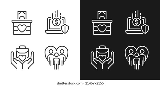 Fundraising strategy pixel perfect linear icons set for dark, light mode. Money donation. Social responsibility. Thin line symbols for night, day theme. Isolated illustrations. Editable stroke