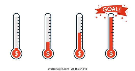 Fundraising Thermometer auf verschiedenen Ebenen Symbol. Clipart-Bild einzeln auf weißem Hintergrund