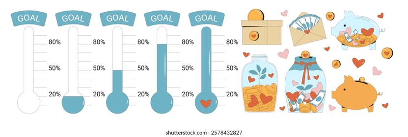 Fundraising thermometer. Financial goal scale set. Piggybank, envelope and tips jar and donation box. Money crowdfunding trackers Indicators of progress for donation event.