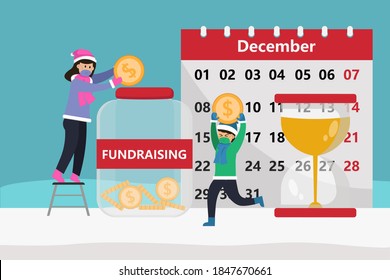 Fundraising vector concept: Young mother and her son saving money together for fundraising with calendar and hourglass