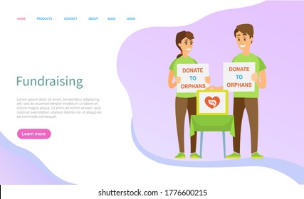 Fundraising vector, people standing with boxes for money and tables with signs, helping orphans and homeless, social workers volunteers set. Website or slider app, landing page flat style