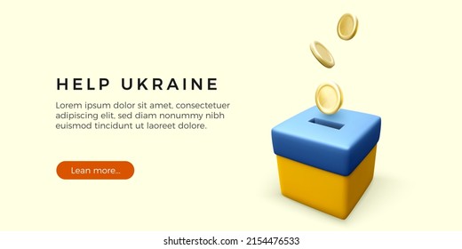 Fundraising for victims of the war in Ukraine template or web banner. Falling gold coins into donation box colour in national Ukrainian flag. Vector illustration