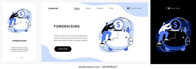 Fundraising website UI kit. Business fundraising, corporate website, menu bar, UI, startup investment, financial institution, croudfounding, find funds landing and mobile app vector UI template.