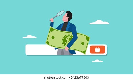 funds allocation for business needs, business financial management, shopping for production needs, businessman looking with magnifying glass while carrying banknotes concept vector illustration
