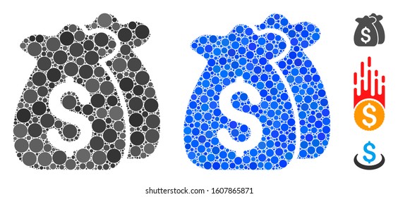 Funds composition of round dots in different sizes and color tinges, based on funds icon. Vector dots are united into blue composition. Dotted funds icon in usual and blue versions.