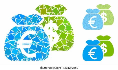 Funds mosaic of joggly items in variable sizes and color tints, based on funds icon. Vector humpy items are composed into illustration. Funds icons collage with dotted pattern.