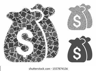 Funds mosaic of ragged items in various sizes and color tints, based on funds icon. Vector ragged parts are composed into mosaic. Funds icons collage with dotted pattern.
