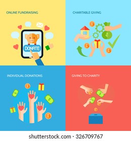 Funds Raising And Donation Online 4 Flat Icons Square Composition Charitable Organization Banner Abstract Vector Isolated Illustration