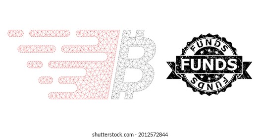 Funds rubber seal imitation and vector bitcoin mesh model. Black seal includes Funds title inside ribbon and rosette. Abstract flat mesh bitcoin, built from flat mesh.