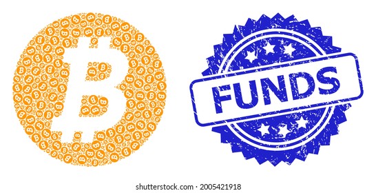 Funds scratched seal imitation and vector fractal collage bitcoin coin. Blue stamp seal contains Funds text inside rosette. Vector collage is designed with recursive rotated bitcoin coin pictograms.