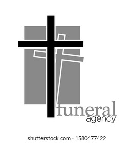 Funeral agency isolated icon, cross religious symbol and mourning vector. Interment and burial arrangement emblem or logo, death rituals. Rest in peace, grave element, farewell ceremony at cemetery