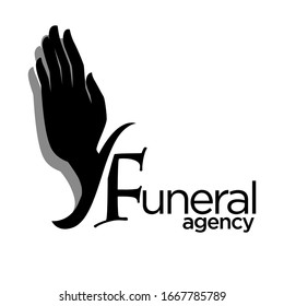 Funeral agency isolated icon, human palm shadow, mourning vector. Interment and burial arrangement emblem or logo, death rituals. Rest in peace, hand silhouette, farewell ceremony at cemetery