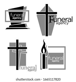 Funeral agency isolated icons, gravestone and cross or candle vector. Burring process and interment arrangement emblems or logo, mourning symbols. Death rituals and cemetry, cemetery tombstones