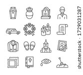 Funeral agency line icon set. Hearse, coffin, gravestone, wreath, suit, bible, priest flat vector illustration. Editable stroke.