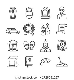 Funeral agency line icon set. Hearse, coffin, gravestone, wreath, suit, bible, priest flat vector illustration. Editable stroke.