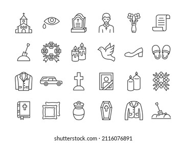 Funeral agency line icon set. Hearse, coffin, dove, gravestone, wreath, suit, bible, priest flat vector cymbol. Editable stroke.