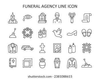 Funeral agency line icon set. Hearse, coffin, dove, church, gravestone, wreath, suit, bible, priest flat vector cymbol. 