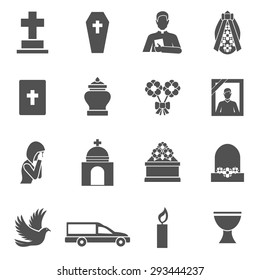 Funeral black icons set with cross coffin priest wreath isolated vector illustration