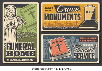 Funeral and burial agency service, vector vintage posters for farewell ceremonies and funerals. Crave monuments and tombstones shop, Christian church memorial mess, bible and angel with RIP ribbon