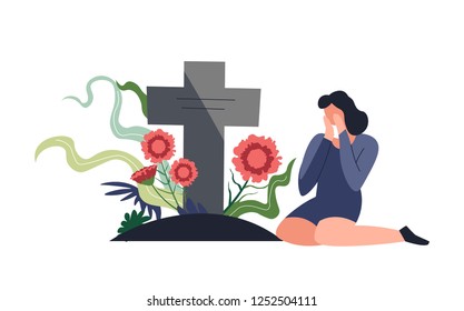 Funeral Burial Ceremony Person Sitting By Tombstone And Crying Vector Lady In Grief With Cross Made Of Stone And Flowers On Dead Grave Woman Unhappy With Death Mourning Female With Tears Gravestone.