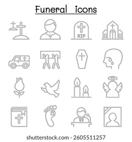 Funeral and burial icon set in thin line style