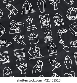 Funeral ,burial icons doodle seamless pattern,background. Vector hand drawn symbol for web,print,art.Vintage