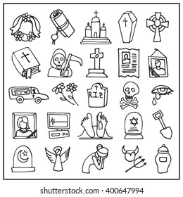Funeral ,burial icons doodle set. Vector hand drawn symbol for web,print,art.Vintage mortuary elements,symbol. Vector funeral and burial sign,illustration,Funeral ,burial icons  black outline