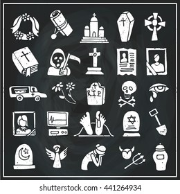 Funeral ,burial icons doodle set. Vector hand drawn symbol for web,print,art.Vintage mortuary elements,symbol.Vector funeral and burial sign,illustration, white silhouette.Chalkboard