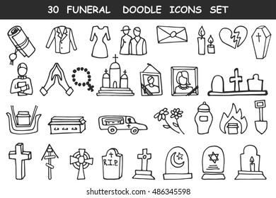 Funeral, burial icons doodle set. Vector hand drawn symbols.