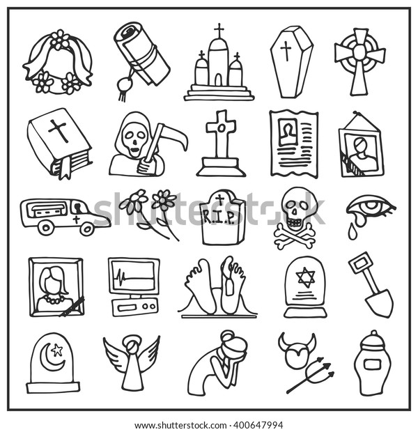 Funeral ,burial icons doodle set. Vector hand\
drawn symbol for web,print,art.Vintage mortuary elements,symbol.\
Vector funeral and burial sign,illustration,Funeral ,burial icons \
black outline