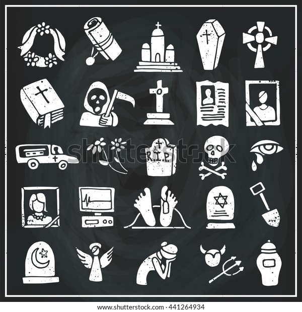Funeral ,burial icons doodle set.
Vector hand drawn symbol for web,print,art.Vintage mortuary
elements,symbol.Vector funeral and burial sign,illustration, white
silhouette.Chalkboard