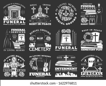 Funeral, burial and interment service, isolated monochrome icons. Vector burial ground ceremony, rest in peace, cemetery, remation urns and columbarium, crosses and tombs, graveyard and burial icon