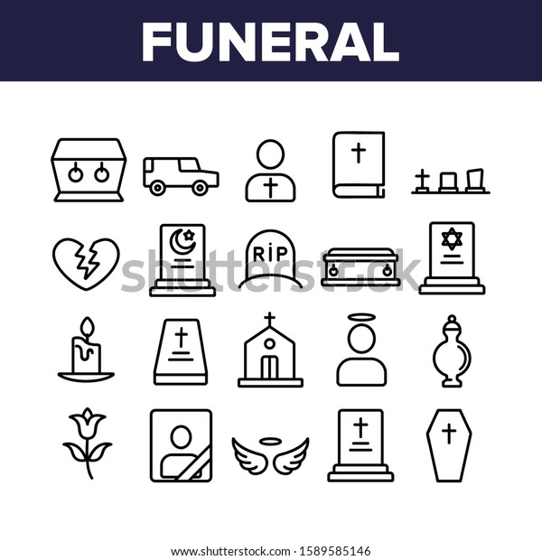 Funeral Burial Ritual Collection Icons Set\
Vector Thin Line. Funeral Ceremony, Coffin And Bible, Car And\
Church, Broken Heart And Candle Concept Linear Pictograms.\
Monochrome Contour\
Illustrations