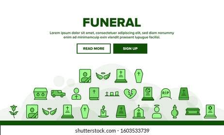 Funeral Burial Ritual Landing Web Page Header Banner Template Vector. Funeral Ceremony, Coffin And Bible, Car And Church, Broken Heart And Candle Illustration