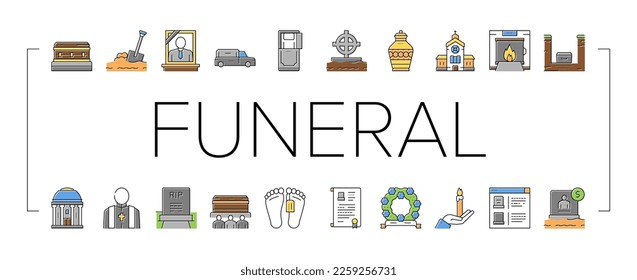 Funeral Burial Service Collection Icons Set Vector. Church And Priest, Grave And Coffin, Candle And Gravestone, Funeral Crematorium And Cemetery Color Contour Illustrations