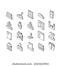 Funeral Burial Service Collection isometric icons set. Church And Priest, Grave And Coffin, Candle And Gravestone, Funeral Crematorium And Cemetery Color Contour .