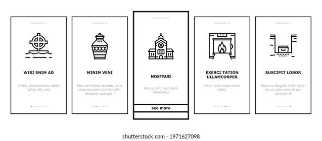 Funeral Burial Service Onboarding Mobile App Page Screen Vector. Church And Priest, Grave And Coffin, Candle And Gravestone, Funeral Crematorium And Cemetery Illustrations