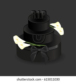 Funeral cake. Memorial sweet vector illustration with calla lily, bow and black cupcake. Mourning background. 
