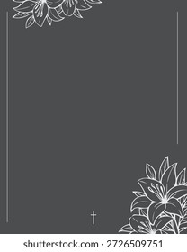Bestattungskarte. Hintergrund mit Platz für Ihren Text und Lilien. Kirchenkreuz.