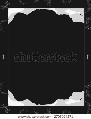 funeral card with black background and white church cross.
