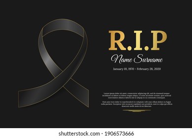 Funeral Card With Black Funeral Ribbon, Name, Birth And Death Dates. Obituary Memorial, Gravestone Card Concept Design. Golden Text RIP On Black Background. Vector Illustration