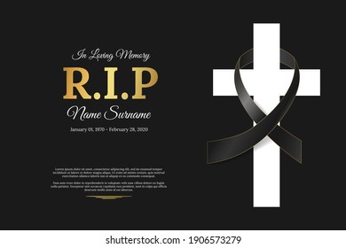 Funeral Card With Black Ribbon On White Cross, Name, Birth And Death Dates. Obituary Memorial, Gravestone Funeral Card Design. Golden Text RIP On Black Background. Vector Illustration