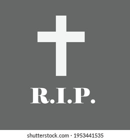 Funeral card with black ribbon on white cross, name,RIP on black background. Vector illustration