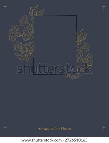 Funeral card with carnations and text space. Dark grey background with photo frame